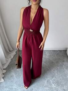 SHEIN Elenzya Damen einfarbiger Jumpsuit mit gerafftem Neckholder und geraffter Taille - Rot - Übersicht 7