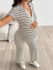 SHEIN Maternity Summer Casual Striped Jumpsuit Autumn Outfit Work Outfits - Multicolor - View 6