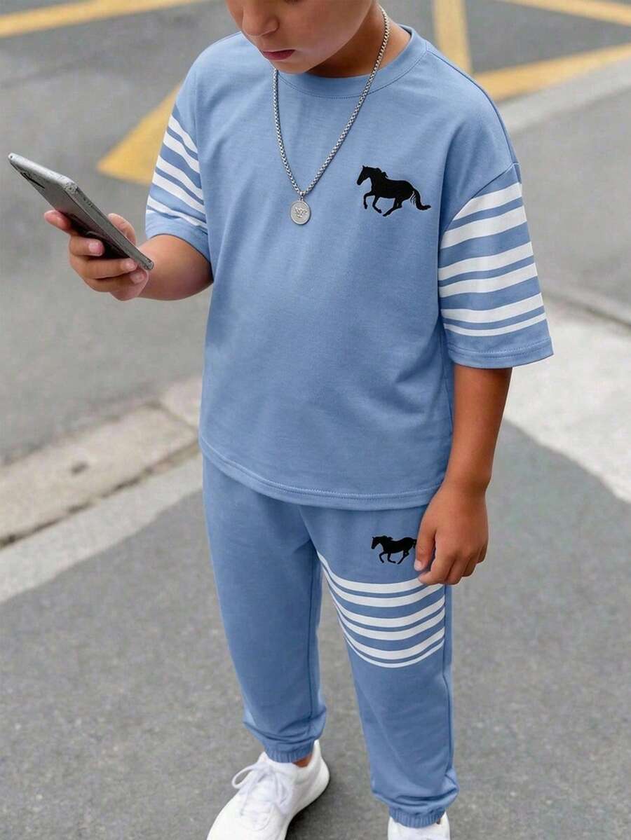 SHEIN 兒童 2件組 青少年男孩休閒舒適時尚極簡圓領短袖T恤