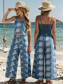 Sparklyn 青少年女孩全印花荷葉邊細肩帶短版上衣與直筒長褲套裝 返校季 - 藍色 - 查看 4