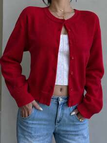 SHEIN 青少年女孩休閒百搭素色開襟衫 - 紅色 - 查看 6