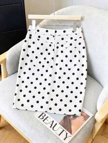 GlowEve Women's Polka Dot Pocket Casual Versatile Daily Denim Skirt - Black and White - View 5