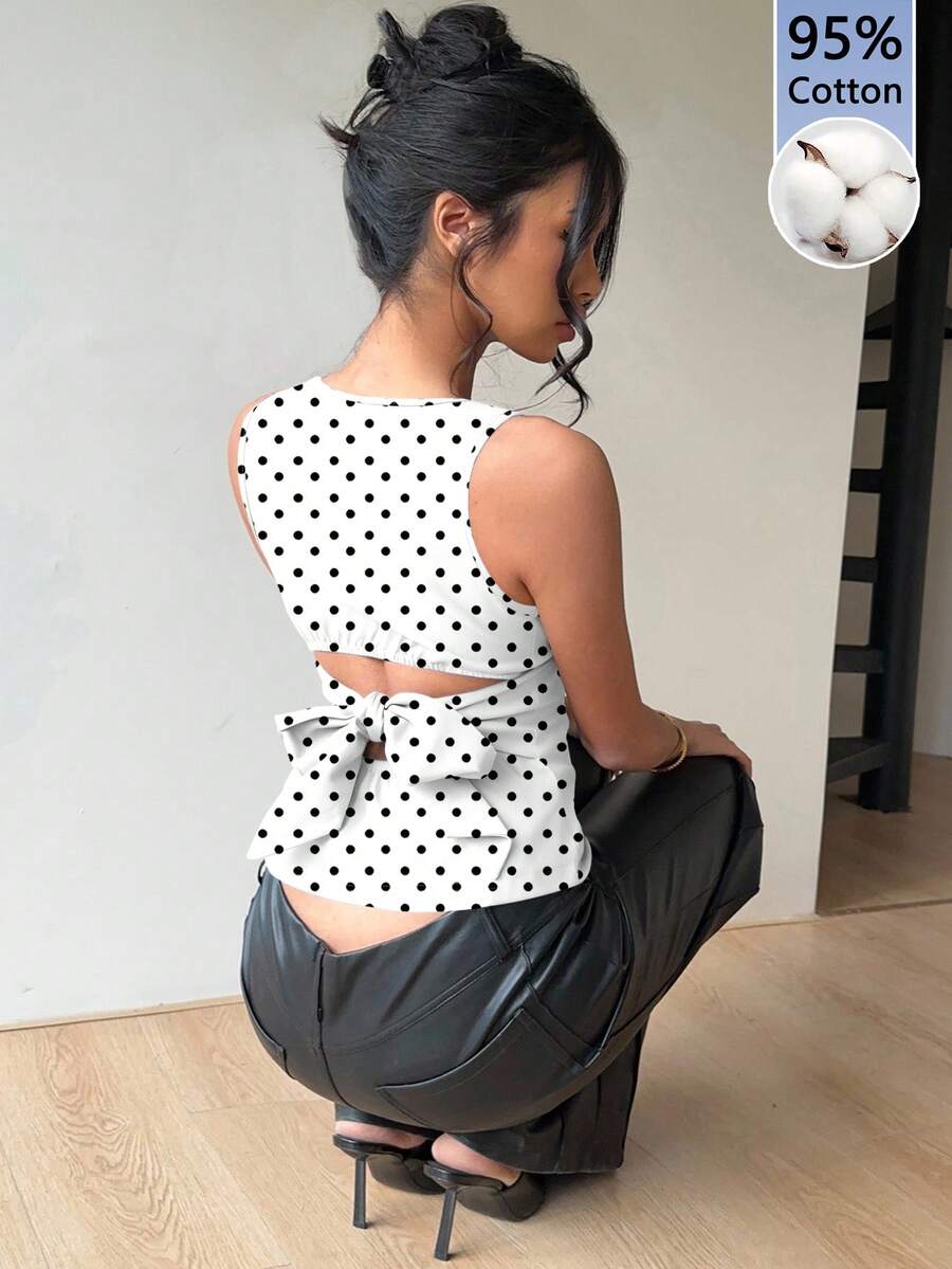 Aloruh 女款休閒無袖上衣,絲綢夏季上衣,背後大蝴蝶結,波點襯衫 - 白色 - 查看 1