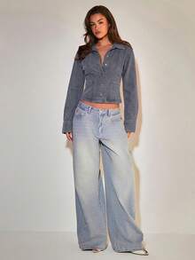 COSMINA Denim Women's Casual Washed Front Button Cropped Denim Top Daytime Everyday Going Out Holiday Grey Blue Autumn - Navy Blue - View 4