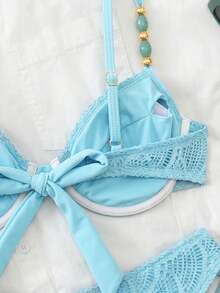 Swim Chiccia 26SS 春夏度假海灘紋理布料綠色鋼圈聚攏比基尼套裝 - 藍色 - 查看 3