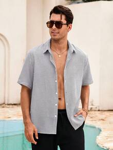 Mercer Haus Feiyo Men's Retro Style Short Sleeve Shirt, Made Of Lightweight Striped Polyester Fabric. Suitable For All Seasons, Casual And Versatile. - Black and White - View 4
