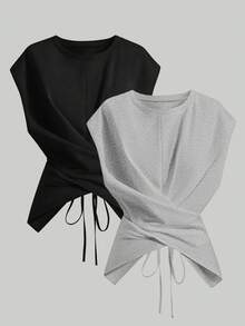 SHEIN LUNE 女士时尚休闲针织圆领扭结腰身不对称下摆衬衫 - 彩色 - 查看 1