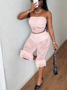 Maweii Sexy Date & Casual Outing Tight Bodycon Lace Patchwork Plus Size Black Tube Top & 3/4 Length Pants 2-Piece Set - Baby Pink - View 4