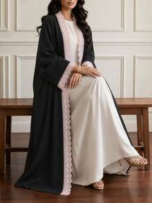 Al Najma Women's Elegant Minimalist Fashionable Placket Cuff Lace Patchwork Exquisite Summer Plus Size Long Sleeve Abaya - Black - View 1