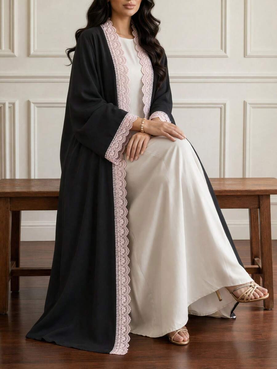 Al Najma Women's Elegant Minimalist Fashionable Placket Cuff Lace Patchwork Exquisite Summer Plus Size Long Sleeve Abaya - Black - View 1