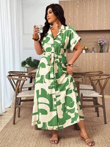 Weeklong Plus Size Women's Color Block Print Shirt Dress, Short Sleeve, Cinched Waist With Belt, Long Length, Spring/Summer, Mature Elegant, Versatile - Green - View 8