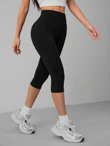 SHEIN PETITE سروال ضيق أسود كاجوال بخصر عالي وطول 3/4 للنساء، مناسب للصيف والخروج وملابس الخريف والملابس الرياضية للنساء - الأسود - مشاهدة 3