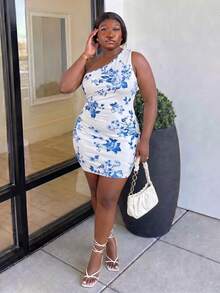 CurvyTilda Plus Size Women Boho Fall Vacation & Back To School Floral Asymmetrical Neck Bodycon Dress, For Summer,Holiday Outfits Elegant Party - Multicolor - View 4
