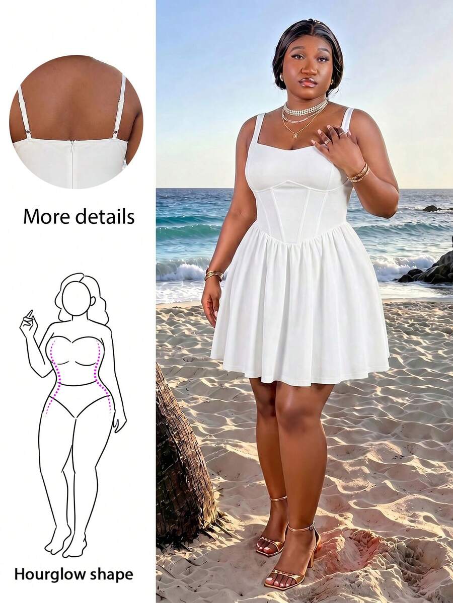 CurvyTilda 大尺碼白色單色馬甲結構束腰長裙 - 白色 - 查看 1