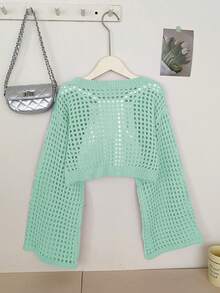 SHEIN Suéter de manga larga con cuello redondo y diseño calado de unicolor para niña preadolescente - Verde - Ver 2
