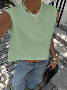Siren Gaze Casual Versatile Solid Color Wide Shoulder Cropped Tank Top - Green - View 3