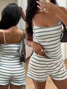 Aloruh Women Striped Camisole And Shorts Casual 2 Pieces Set - Blue - View 1