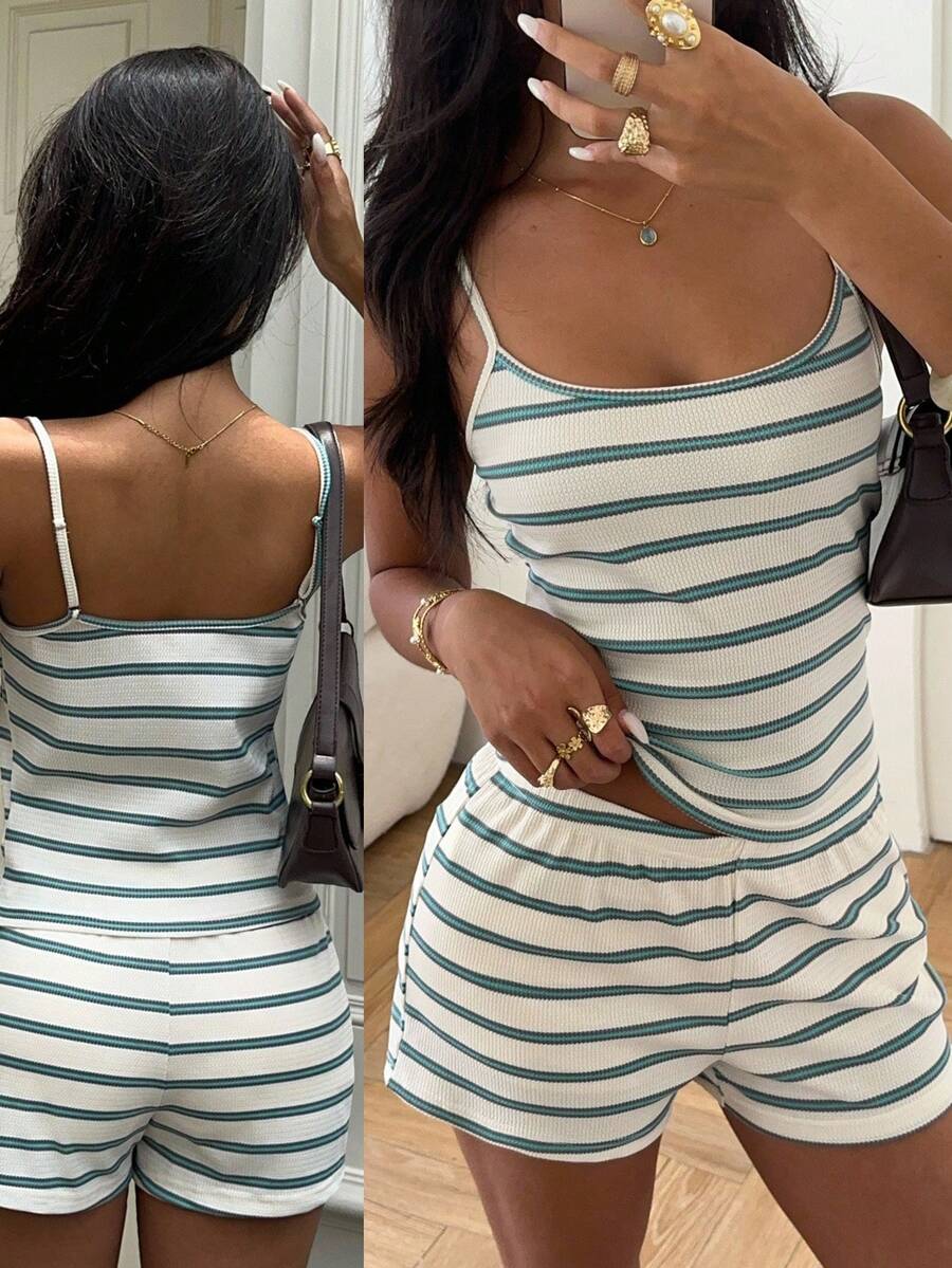 Aloruh Women Striped Camisole And Shorts Casual 2 Pieces Set - Blue - View 1