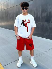 Set Kaos Lengan Pendek Kerah Bulat Minimalis Kasual dan Celana Pendek untuk Remaja Laki-laki, Cocok untuk Olahraga Musim Panas, Set Pakaian Bergambar yang Nyaman dan Lembut. - MultiWarna - View 2