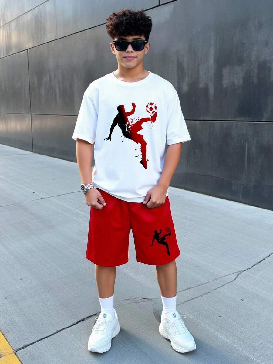 Set Kaos Lengan Pendek Kerah Bulat Minimalis Kasual dan Celana Pendek untuk Remaja Laki-laki, Cocok untuk Olahraga Musim Panas, Set Pakaian Bergambar yang Nyaman dan Lembut.