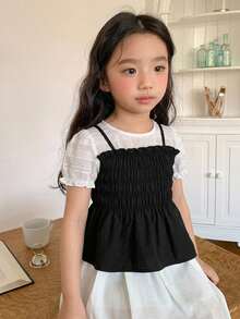 DAZY 圓領短袖 2 合 1 對比色可愛少女上衣 夏季 - 黑與白 - 查看 6