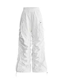 ROMWE Street Life Women's One-Piece Jumpsuit, Spring/Summer Street Style, Ruched Waist, Adjustable Hem, Functional White Sporty Casual Versatile Hot Girl - White - View 1