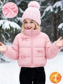 Young Girls Winter Sweet Style Beige Stand Collar Corduroy Padded Coat With Contrast Lining And Button Closure, Thickened Padded Coat - Baby Pink - View 8