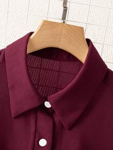 Franclia Turn-Down Collar Basic Transparent Solid Color Minimalist Shirt - Burgundy - View 5
