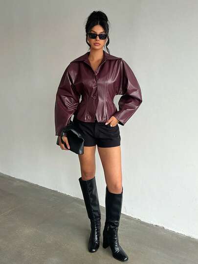 Aloruh Women's Burgundy PU Leather Jacket With Waist Cinched, Lapel Collar And Single-Breasted Buttons, Suitable For Streetwear, Daily Wear, Early Fall Outfits