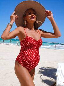 SHEIN 26SS 夏季海灘度假復古波點鋼圈基本款休閒孕婦連身泳衣 - 紅色 - 查看 3