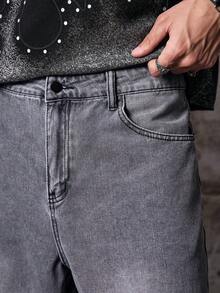 Skyrend Short en jean délavé ample à jambes larges style décontracté gothique punk streetwear pour garçon emo - Gris - Voir 8