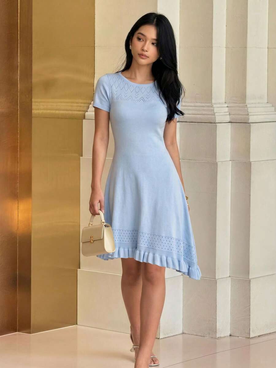 Yunfilé 针织修身荷叶边A字连衣裙,女士短袖优雅连衣裙 - 淺藍色 - 查看 1