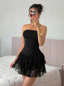 SHEIN EZwear 女款純色抓皺收腰優雅派對旅行迷你抹胸洋裝 - 黑色 - 查看 9