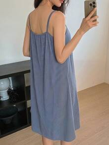 DAZY Lace Patchwork Sleeveless Polka Dot Print Midi Dress, Women Summer Nightgown Pajamas - Blue - View 2
