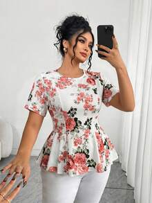Elenzga Blus Wanita Ukuran Besar Elegan Kasual Serbaguna Leher Bulat Lengan Pendek Model Mengembang, Musim Semi/Panas - MultiWarna - View 1