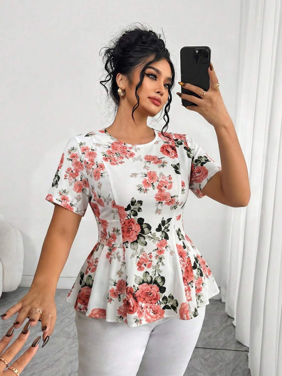 Elenzga Blus Wanita Ukuran Besar Elegan Kasual Serbaguna Leher Bulat Lengan Pendek Model Mengembang, Musim Semi/Panas - MultiWarna - View 1