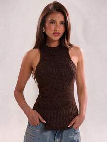 SHEIN BAE Women's Solid Color Sleeveless Round Neck Fitted Minimalist Vintage Sweater - Chocolate Brown - View 1