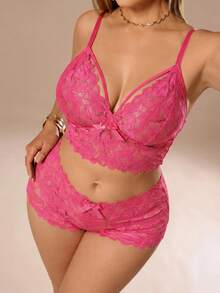 Auralis Große Größen 2 Stücke Sexy Spitzen Dessous Set für Damen - Heißes Pink - Übersicht 1