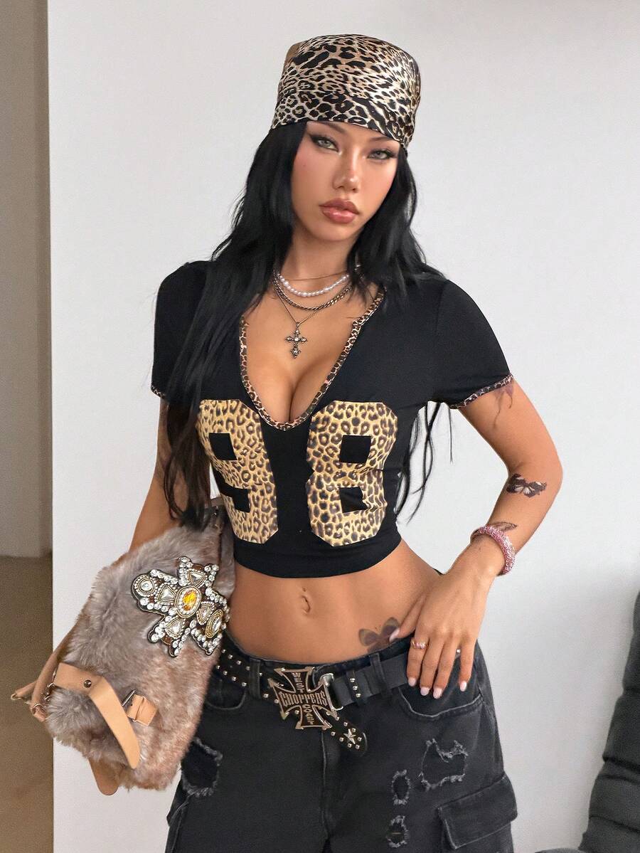 Coolane 女款春夏街頭風時尚日常穿著數字圖案彈性深藍色胸衣式缺口T恤 - 黑色 - 查看 1