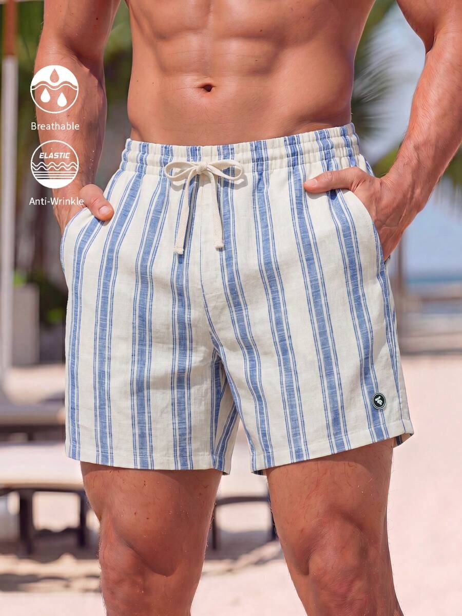Manfinity KASUA 男士度假條紋牛仔抽繩腰口袋沙灘短褲，假日款