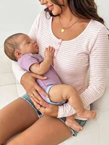 Slowluna Maternity Striped Colorblock Casual Versatile Daily Long Sleeve T-Shirt - Pink - View 8