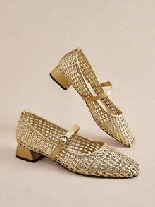 Rosivie Braided Hollow Mary Jane Block Heel Shoes - Gold - View 4