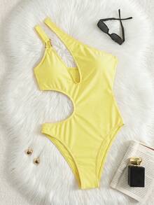 Costavie Swim Women's Elegant Sexy Y2K One Piece Swimsuit, Butter Yellow Satin Fabric, One Shoulder Buckle Strap, Cutout Waist, V Neckline, Beach Partywear - Gold - View 4