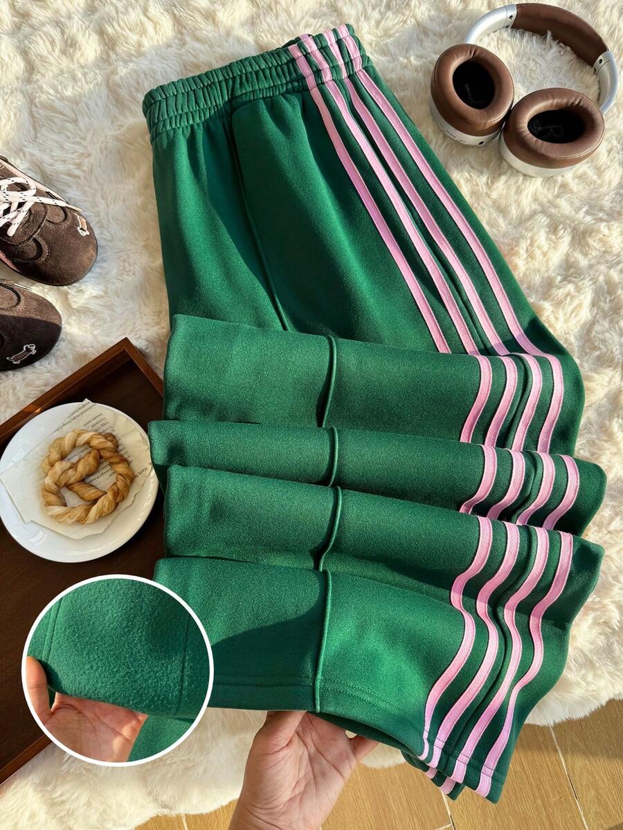Comfortcana Plus Size Women's Casual Streetwear Baggy Vintage American Sports Style Thin Fleece Lined Taped Long Pants Winter Gym Formal Green - Green - View 1