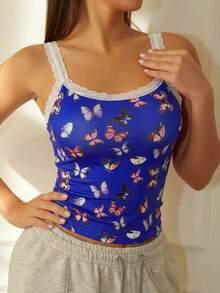 SHEIN 1件時尚舒適蕾絲拼接女款細肩帶背心 - 藍色 - 查看 4