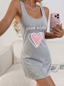 SHEIN Fashionable Minimalist Casual Heart Letter Print Women's Short Tank Top Nightgown - Light Grey - View 6