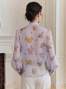 Anewsta Summer Elegant Court Style Heavy Pearl Decor Beaded Small Stand Collar Plain Floral Polka Dot Print Slightly Sheer White Long Sleeve Women Blouse - Mauve Purple - View 2