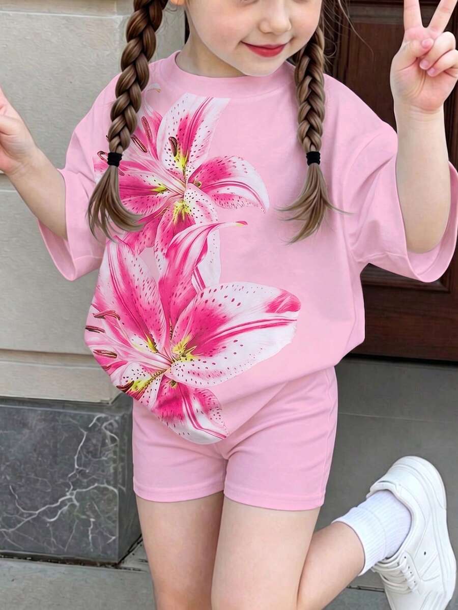 夏季新款少女兩件套，大百合印花配色，柔軟舒適面料，休閒清新百搭