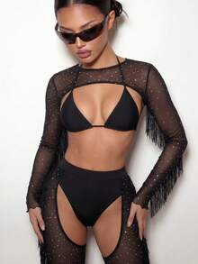 SHEIN ICON Mesh Contrast Fringe Cami Top & Skinny Flare Pants Two-Piece Set - Black - View 1