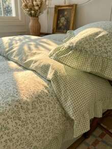 Cirelle Set Selimut Motif Bunga Hijau Muda 3 Buah dari Poliester, Set Perlengkapan Tidur Berumbai Gaya Shabby Chic dengan Tepi Kotak-kotak Gingham, Sarung Selimut Motif Bunga Lucu dengan 2 Sarung Bantal (Tanpa Isian) - Tepi daun teratai kopi susu laut - View 3
